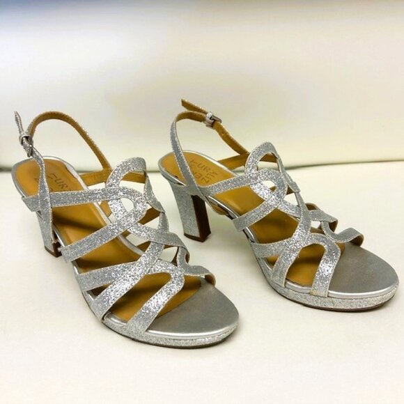 Naturalizer Ladies Sandals 8.5M Silver Sparkle Ankle Strap Low Platform read - Picture 1 of 12